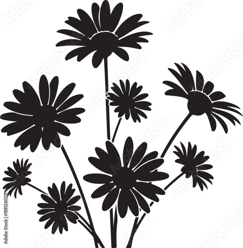 Black silhouette of blooming daisy flower with stem and two leaves on white background