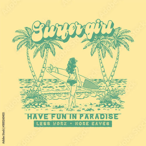 surfer illustration girls graphic beach design summer badge tropical vintage hand drawn