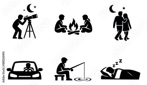 Simple silhouette icons set featuring various leisure and daily life activities for web and print designs