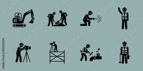 Construction worker safety icons set, industrial labor symbols, building site equipment pictograms, engineering work process illustration, flat design, isolated on blue background