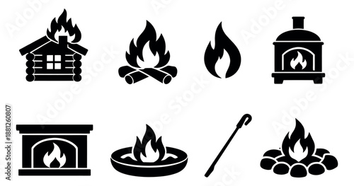 Silhouette fire and heating icon set featuring fireplaces, campfires, a burning house, and a fire poker for warmth, safety, and outdoor activities