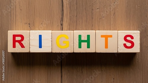 Wooden blocks spelling out the word 'rights' against a textured wooden background