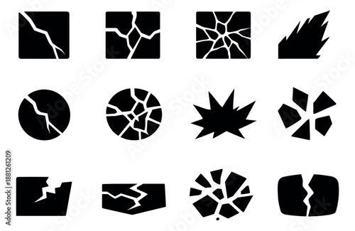 Solid crack and break icon set featuring shattered shapes, broken elements, and an explosion for damage indication