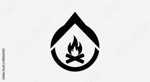 Black and white graphic of a campfire inside a teardrop shape
