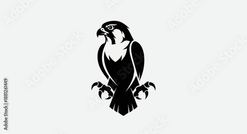 Black and white graphic illustration of a hawk on isolated white background