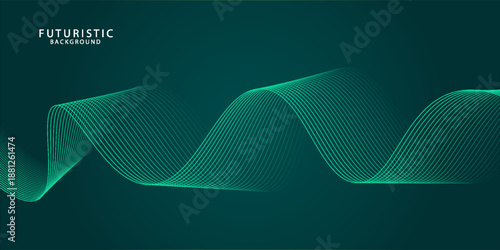 3D green techno abstract background overlap layer on dark space with glowing waves shape effect decoration. Modern graphic design element lines style concept for banner, flyer, card, or brochure cover