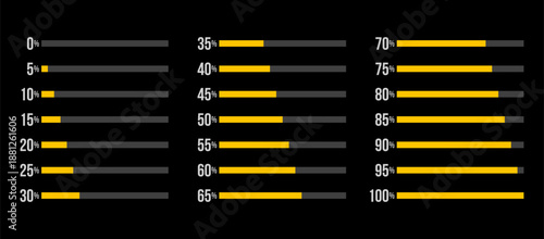 yellow progress bar percentage diagrams set, started 0 finished 100, increase 5, infographic elements collection, user interface vector illustration, pie chart dashboard