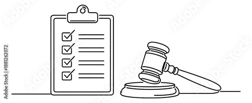 Line art illustration of a clipboard with a checklist and a judge's gavel depicting justice and legal agreements for court decisions