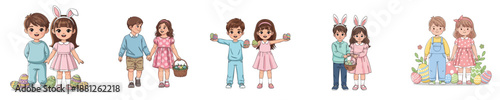 Easter Kids Couple Character Vector Flat Design Cute Spring Holiday Illustration