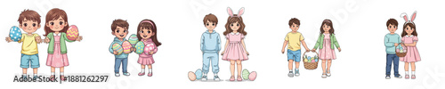 Easter Kids Couple Character Vector Flat Illustration Cute Spring Holiday Set