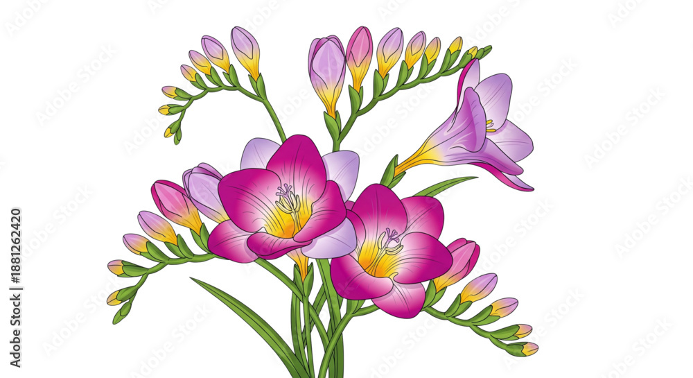 Obraz premium Vibrant Freesia Flowers Illustration for Elegant Spring Floral Designs, Wedding Invitations, and Beauty Products.
