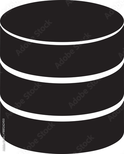 Black and white database icon illustration showing stacked cylindrical data storage device