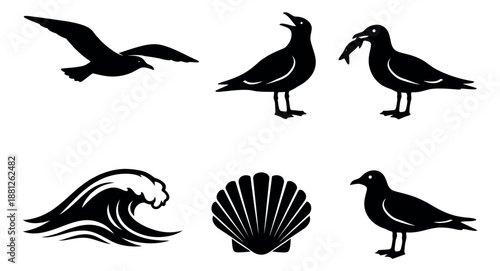 Silhouette coastal elements set featuring seagulls, a wave, and a seashell for summer and beach designs