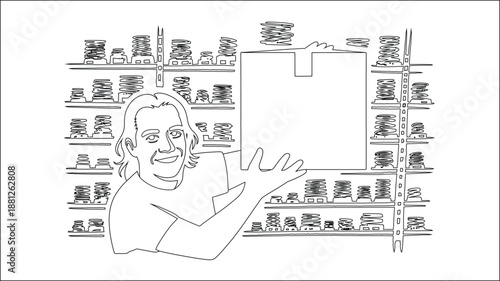 Man holding blank box with products on store shelves outline