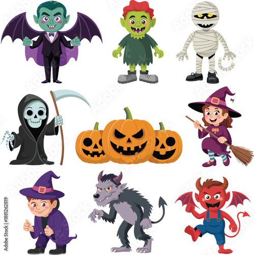 Halloween characters set illustration, cute monsters vampire mummy witch grim reaper pumpkins, spooky cartoon collection, isolated vector design