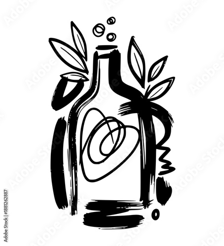 Hand drawn style kombucha bottle vector logo illustration with black ink brush strokes, Abstract organic fermented tea beverage icon, minimalist line art sketch with bubbles and leaves