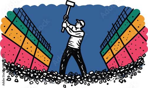 Man with sledgehammer breaking colorful walls demolition illustration