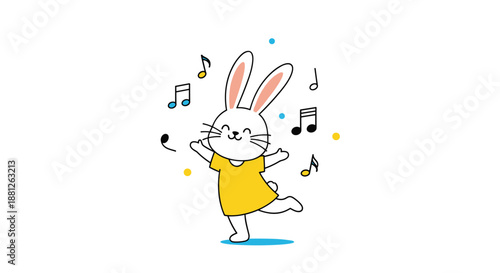 Joyful cartoon white rabbit wearing yellow dress dancing happily surrounded by colorful music notes and circles on a white background.