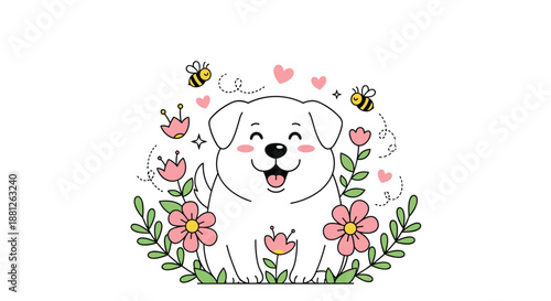 Adorable white puppy character sitting among pink flowers with friendly bees and hearts floating around for a sweet and cheerful scene.