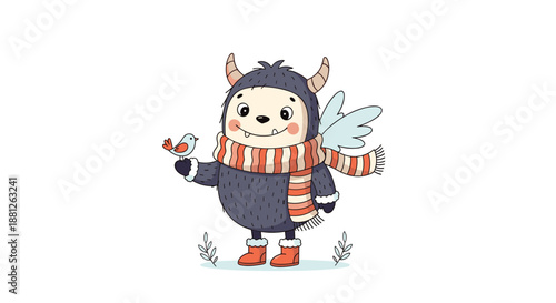 Adorable fuzzy blue monster wearing a striped scarf and red boots holding a small bird on its finger in a winter or autumn setting.