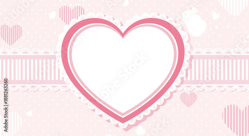 Elegant pink heart-shaped frame with white lace border on a decorative background of stripes and small hearts for romantic occasions.
