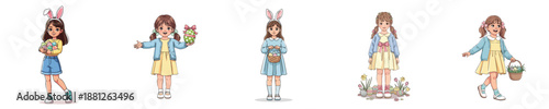Easter Girl Character Vector Flat Illustration Cute Spring Holiday Activity Set