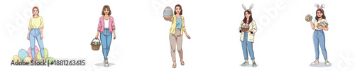 Easter Adult Woman Character Vector Flat Design Spring Holiday Illustration Set