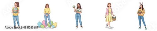 Easter Adult Woman Character Vector Flat Illustration Spring Holiday Celebration Set