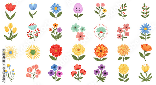 Vibrant Flat Flower Illustrations Set. Colorful Botanical Graphic Elements for Spring, Summer, Web Design, Crafts, Decor.