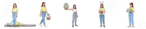 Easter Adult Woman Character Vector Flat Illustration Spring Holiday Activity Set
