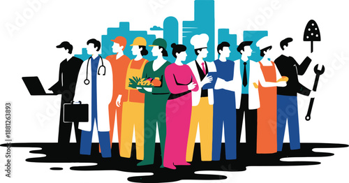 Multicultural professionals city skyline career diversity illustration