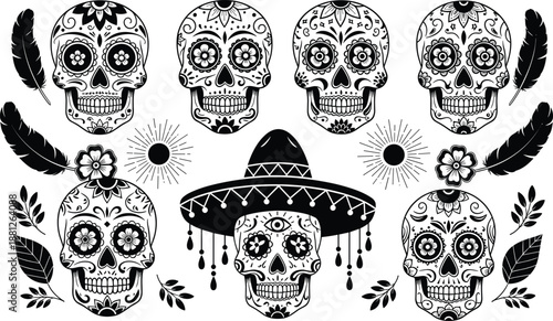 Black and White Sugar Skull Illustration Set with Floral Mexican Day of the Dead Calavera Design Elements for Tattoo, Poster, Sticker, Craft and Decoration