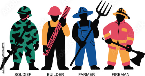 Professional silhouettes representing soldier builder farmer and fireman occupations