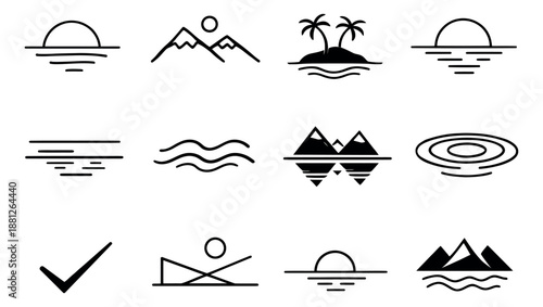 Minimalist line art nature landscape icons set featuring sunrises, mountains, islands, and water elements for travel and outdoor design