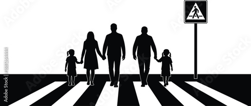 Family silhouette crossing pedestrian crosswalk with parents and children, symbolizing safety, unity, parenting, childhood protection, urban lifestyle, road awareness, and togetherness on city street