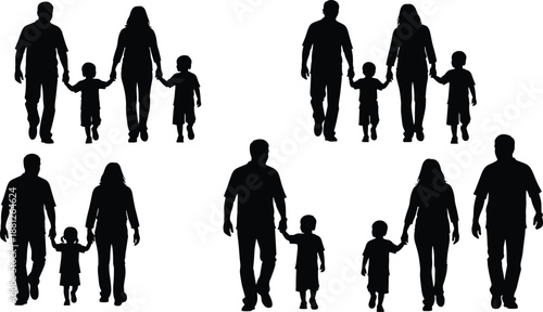 Family silhouettes walking together with parents and children, showing love, care, unity, parenting, childhood, and togetherness, isolated on white background for family lifestyle concepts