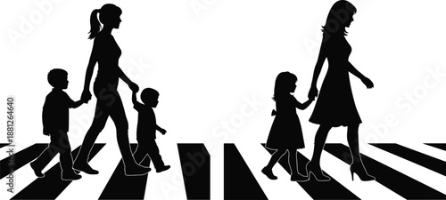 Silhouette of mothers walking with children across pedestrian crosswalk, family safety and urban lifestyle concept, parenting, daily routine, city street scene isolated on white background