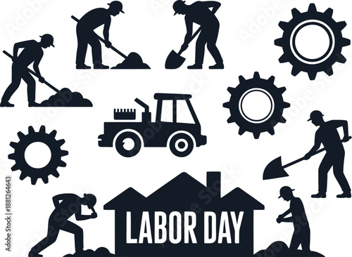 Silhouettes of workers excavating ground with various tools icons