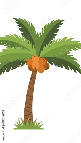 A vibrant illustration of a healthy coconut palm tree with coconuts, set against a white background with a grassy base