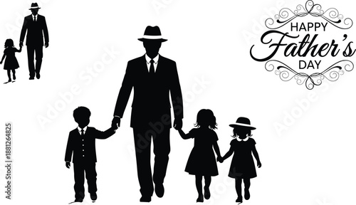 Father’s Day silhouette illustration of father holding children’s hands, family love concept with vintage style figures, isolated on white background, celebrating parenting, care, protection, 