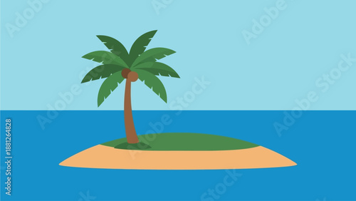 Flat illustration of a serene tropical island with a palm tree on a sandy patch, surrounded by blue ocean under a clear sky, embodying a tranquil remote paradise escape concept