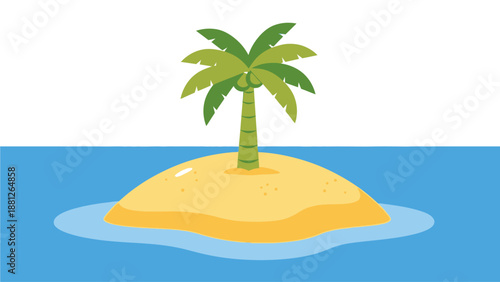 A solitary palm tree stands on a small tropical island surrounded by the vast blue ocean