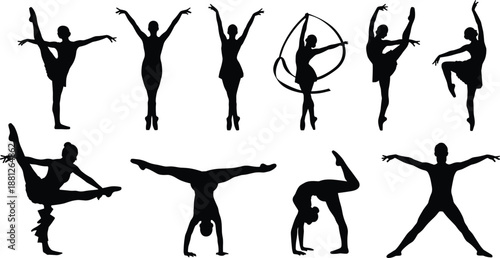 Collection of athletic dancer and gymnast silhouettes performing ballet, yoga, and acrobatic poses, isolated on white background, showcasing flexibility, balance, strength, fitness, and artistic 