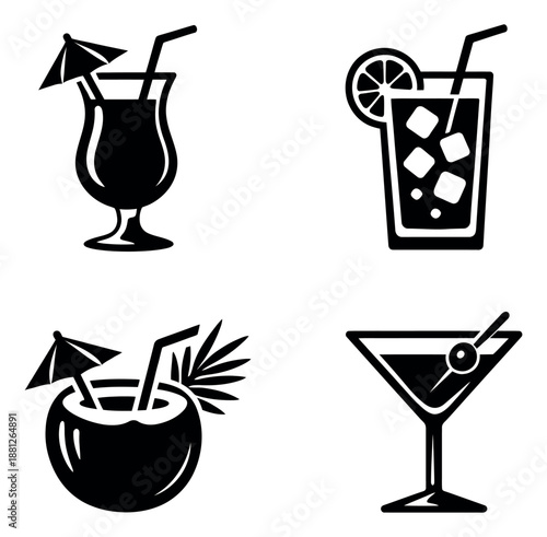Simple graphic cocktail icons set featuring tropical drinks with umbrellas, lime, and coconut for summer parties