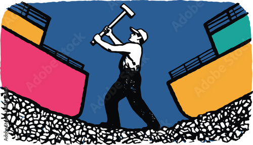 Strong man hammering ground between ships construction site activity