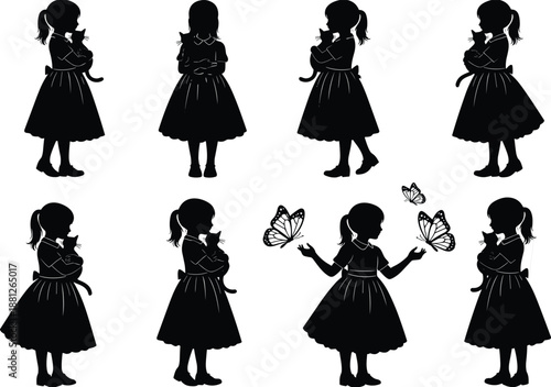 Set of little girl silhouettes holding butterflies, vintage child poses isolated on white background, innocence, imagination, childhood fantasy, decorative illustration, black art collection