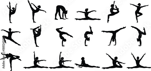 Collection of graceful dancer silhouettes performing ballet, contemporary dance, and yoga poses, isolated on white background, expressing flexibility, balance, motion, and artistic movement