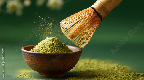 Traditional Japanese Matcha Green Tea Preparation with Bamboo Whisk and Ceramic Bowl on Zen Stone Tray. Matcha powder in ceramic bowl for Japanese drink.