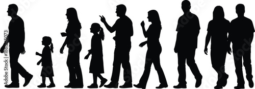 People silhouette illustration showing men, women, and children walking and standing in line, everyday urban life, crowd diversity concept isolated on white background