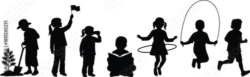 Children silhouette illustration showing kids engaged in various playful activities, jumping rope, hula hoop, sitting, running, joyful childhood moments isolated on white background